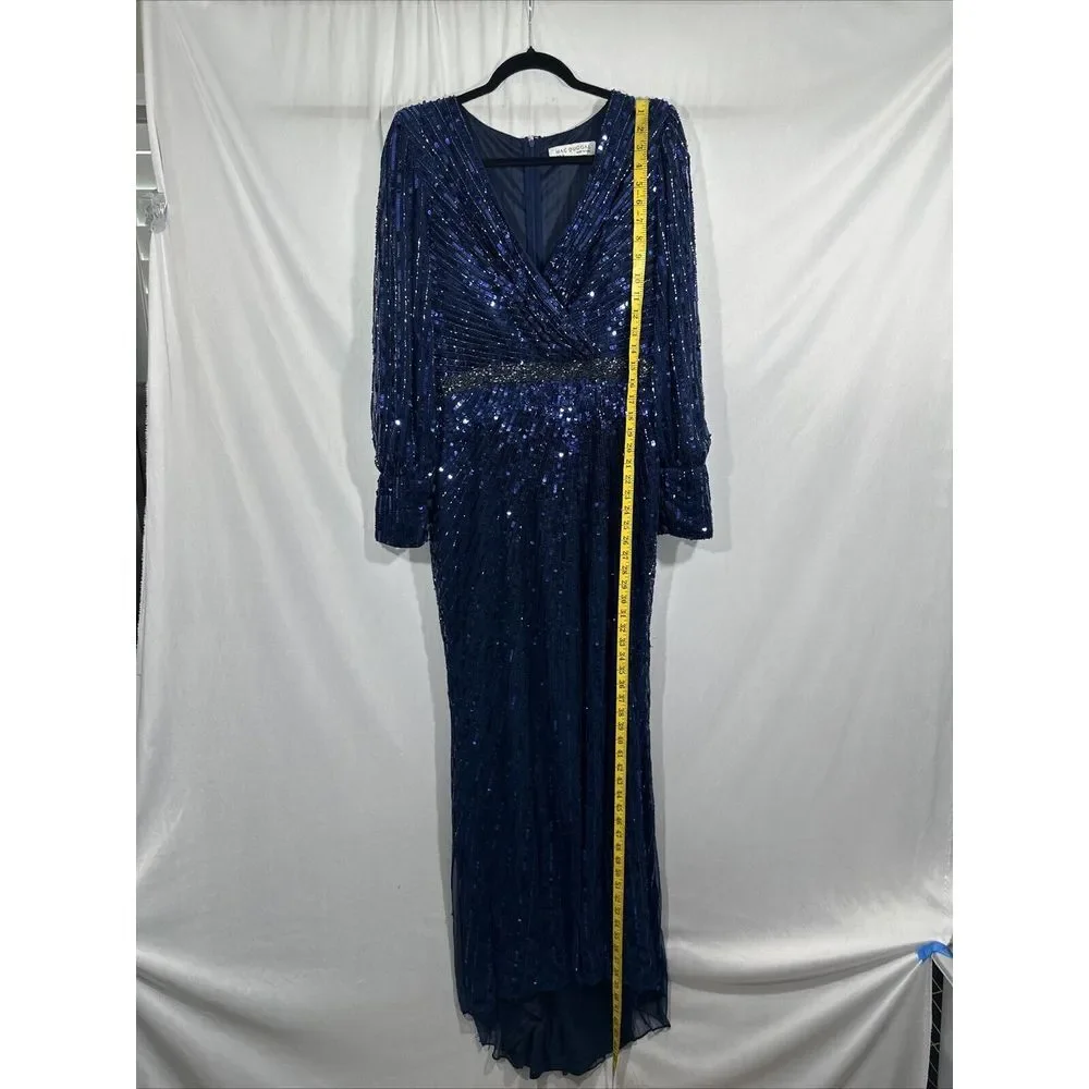 NWT $598 Mac Duggal [ 12 ]‎ 5501 Sequined Wrap Over Bishop Sleeve Gown Blue - Picture 8 of 16
